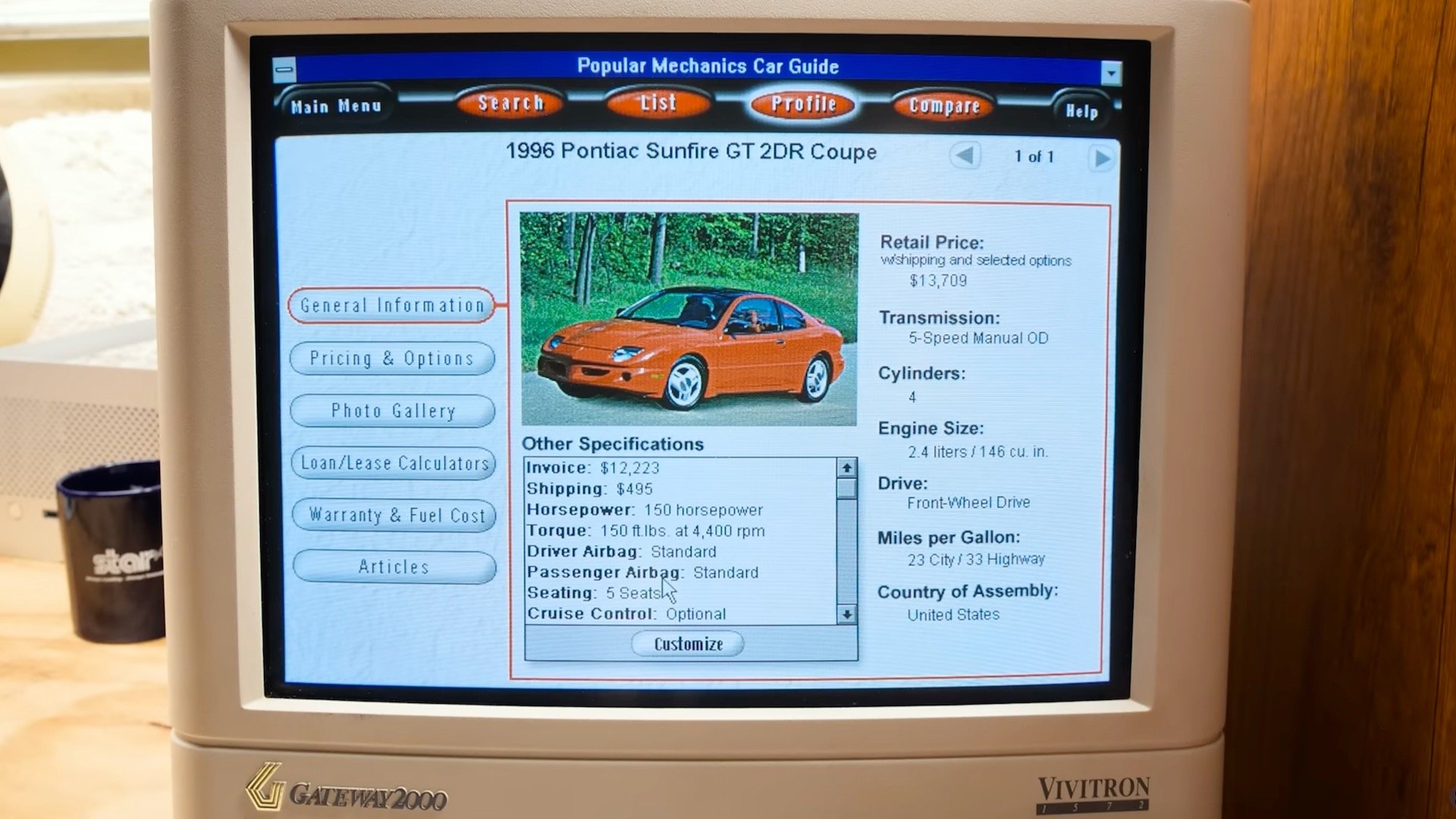 Popular Mechanics 1996 Car Guide CD model page