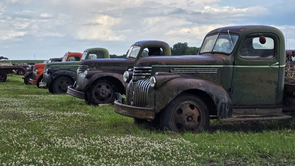 Line of old trucks headed to auction