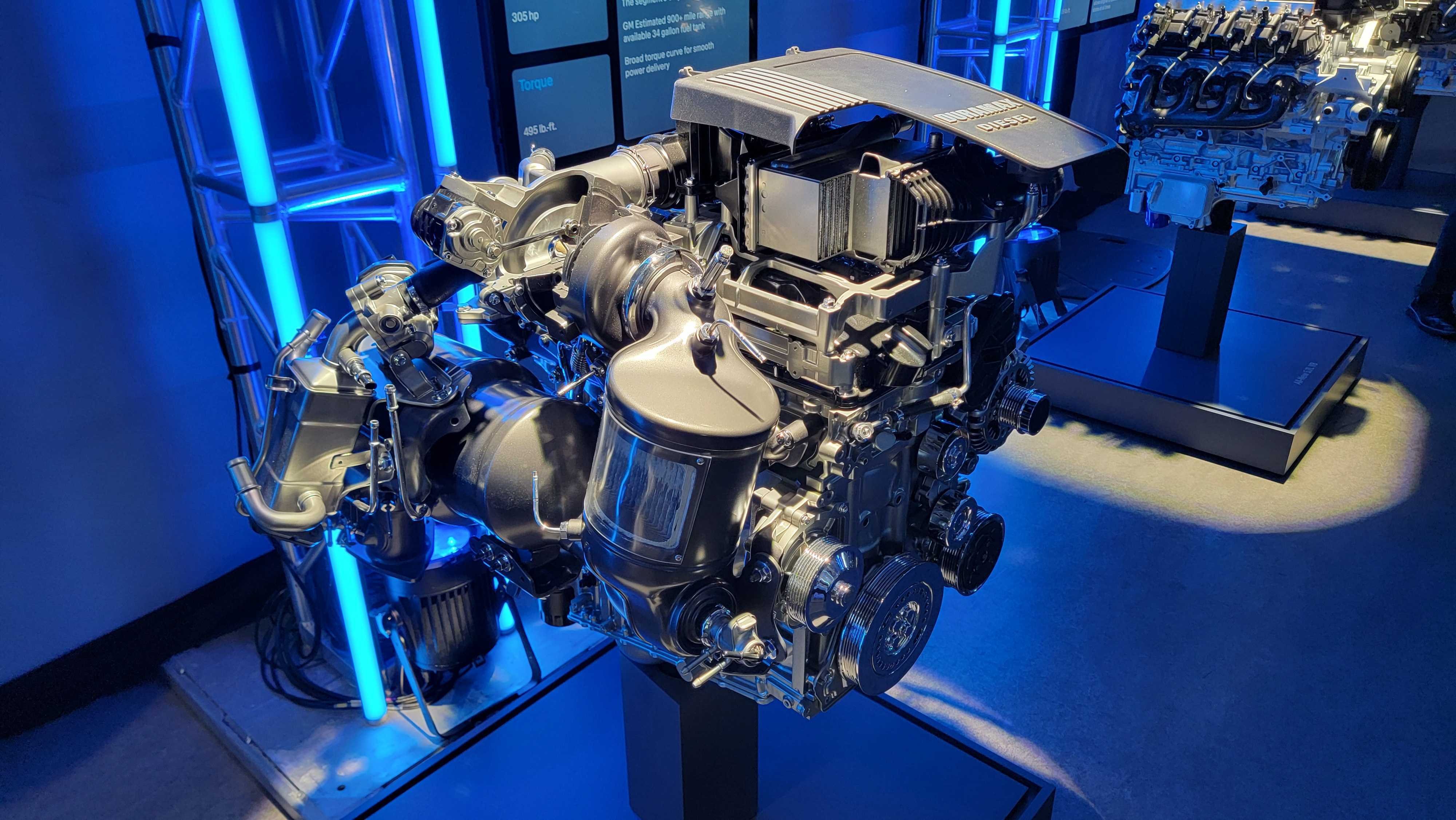 General Motors 3.0-liter turbodiesel inline-six on an engine stand