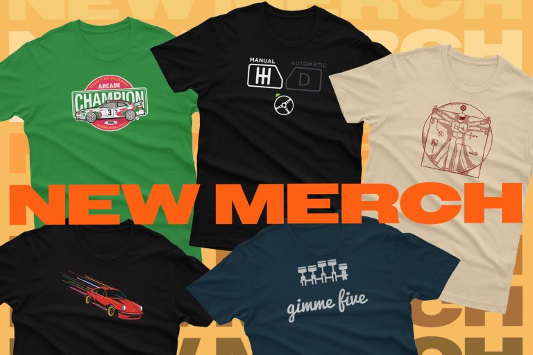 Five Blipshift t-shirts as part of The Drive's merch drop, with the words "New Merch" overlaid