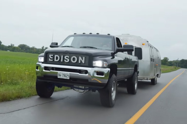 Edison pickup towing Airstream camper