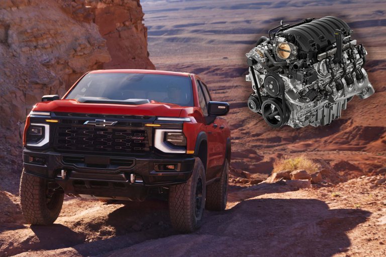 2027 Chevrolet Silverado ZR2 with new 6.6L V8 superimposed above and to the right