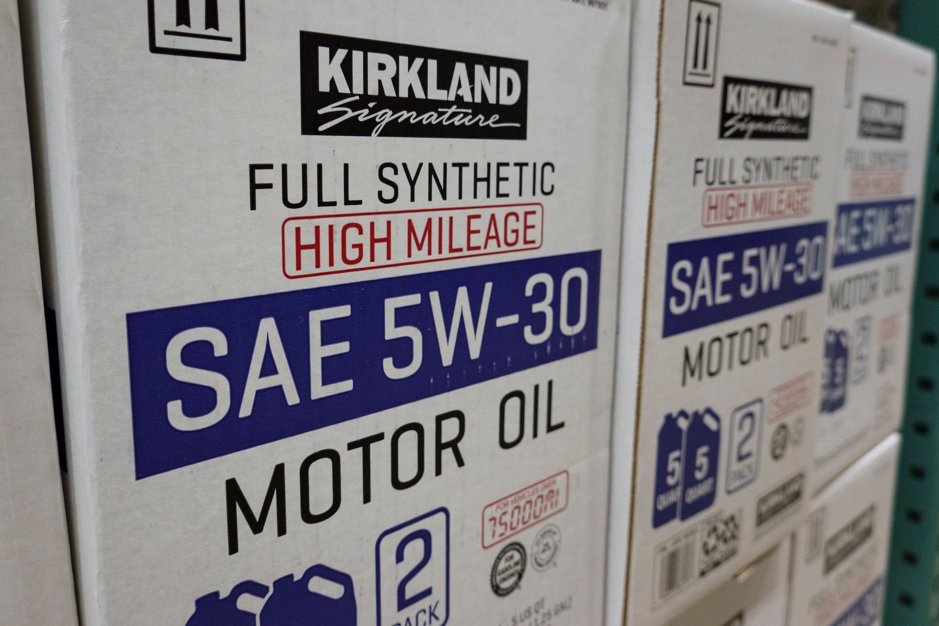 SAN DIEGO, CALIFORNIA - MARCH 11: Cases of Kirkland Signature full synthetic motor oil are stacked at a Costco Wholesale store on March 11, 2025 in San Diego, California. (Photo by Kevin Carter/Getty Images)
