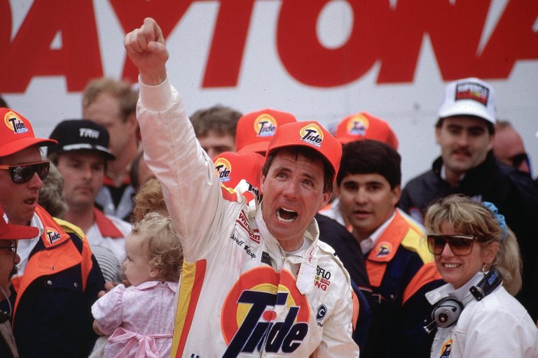 DAYTONA, FL - FEBRUARY 19: Auto Racing: NASCAR Daytona 500, Closeup of Darrell Waltrip victorious after race, Daytona, FL 2/19/1989 (Photo by George Tiedemann/Sports Illustrated via Getty Images) (SetNumber: X37832 TK4)