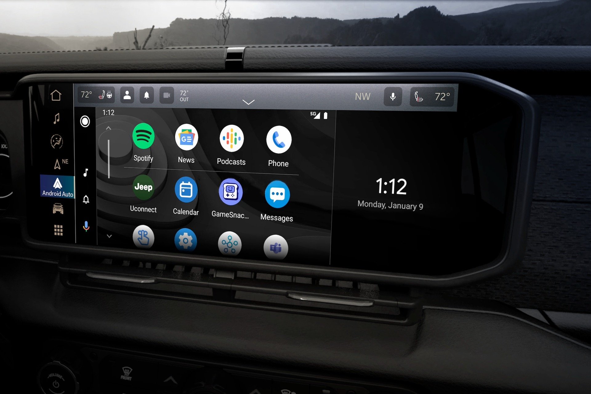 2026 Jeep® Wrangler interior features 12.3-inch Uconnect 5 touchscreen radio with standard wireless Android Auto and Apple CarPlay.