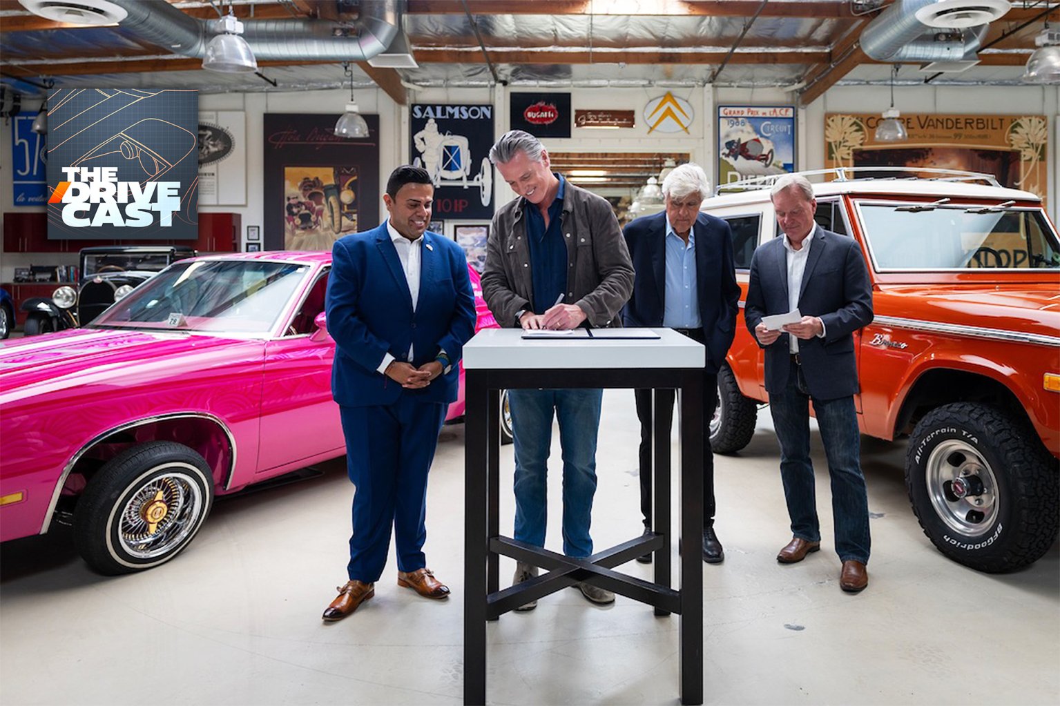california governor gavin newsom signs Leno's Law smog testing update in Jay Leno's garage