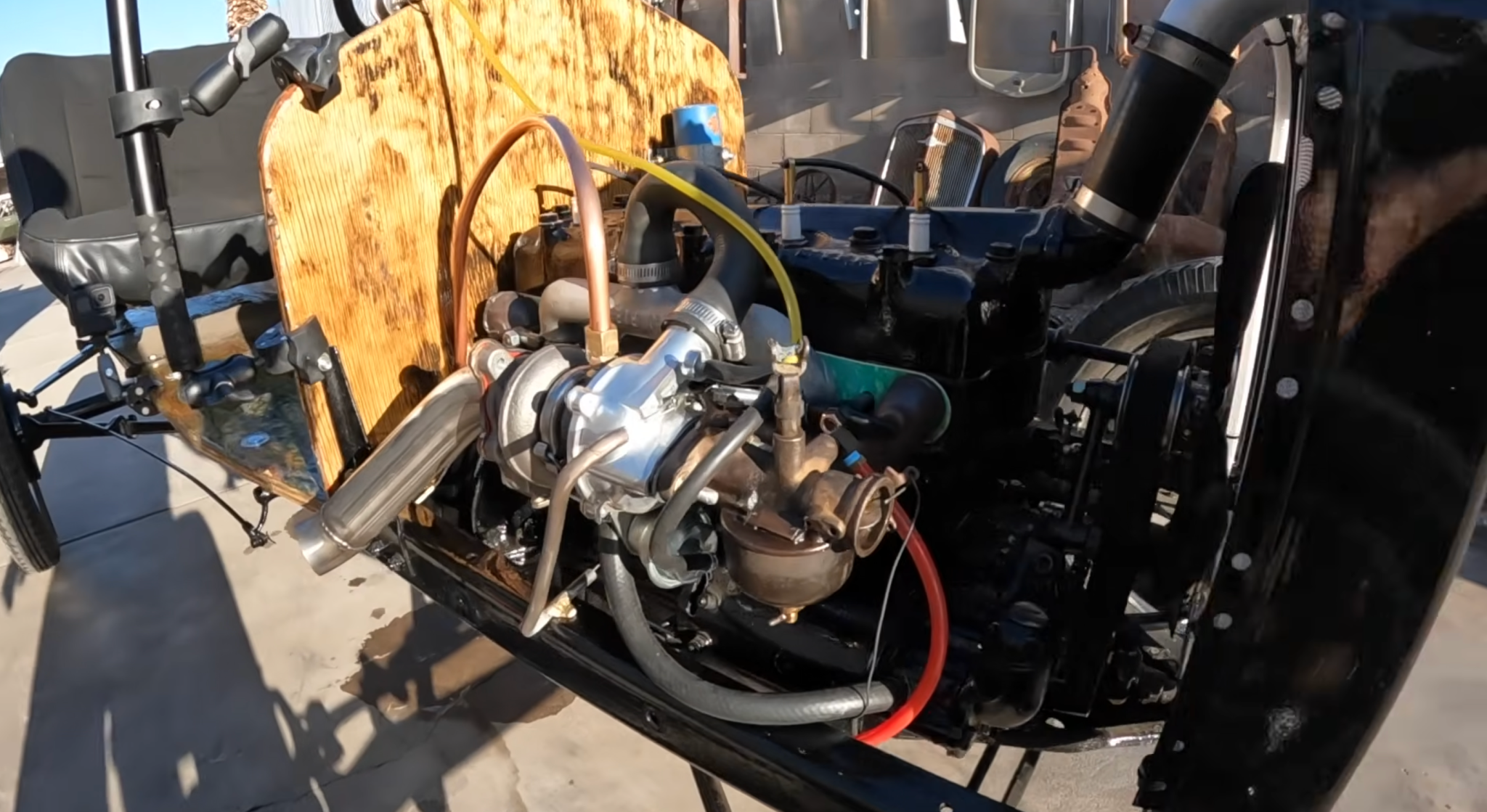 Ford Model T with a turbocharger showing lubrication setup