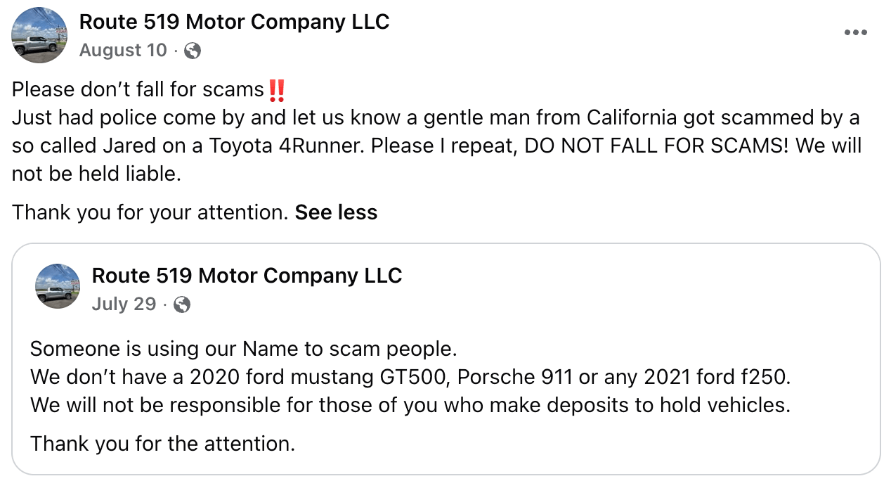 Screenshot of Route 519 Motor Company post saying they've been framed by a fake dealer