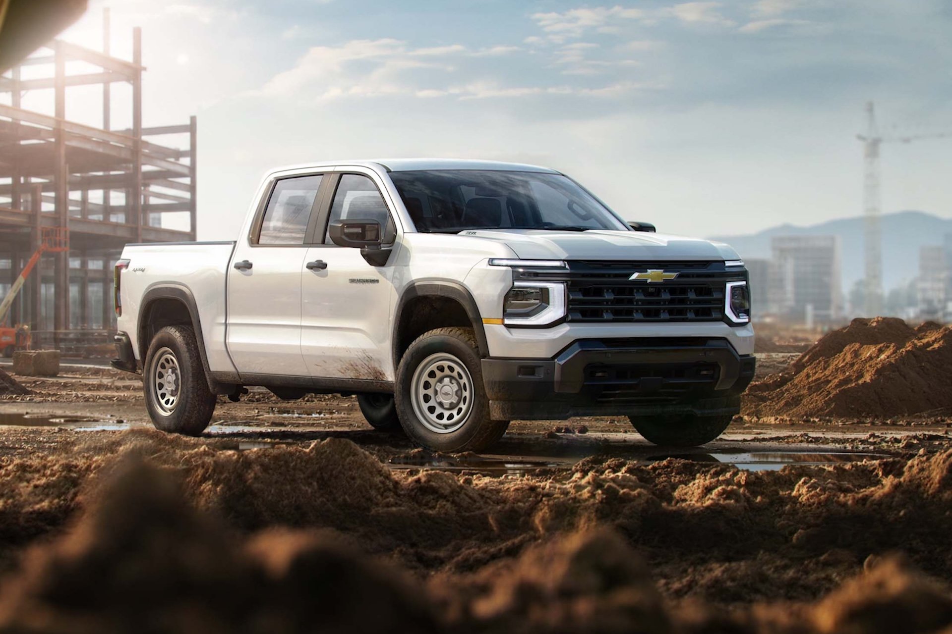 2027 Chevrolet Silverado 1500 Work Truck in Summit White. Exterior passenger front 3/4 beauty shot.