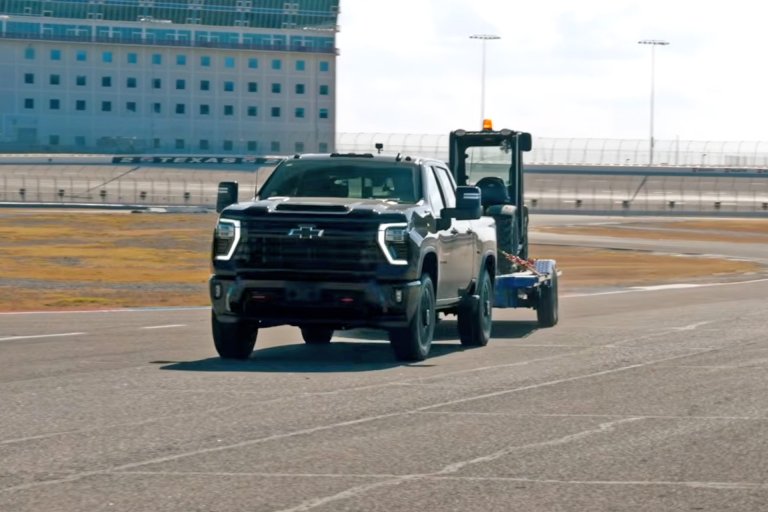 Chevy Silverado HD towing trailer in sway test