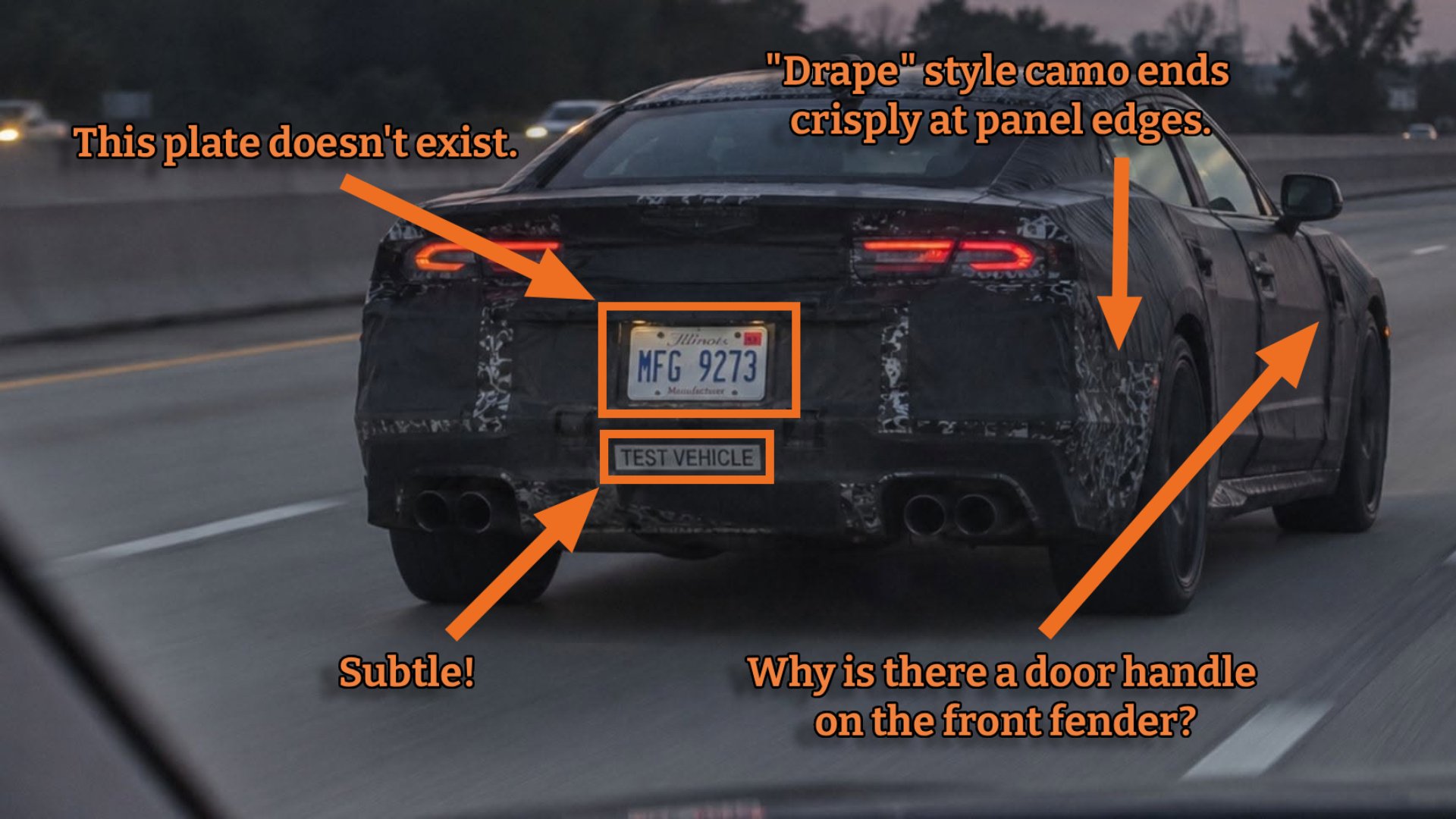 Fake Camaro prototype image, annotated.