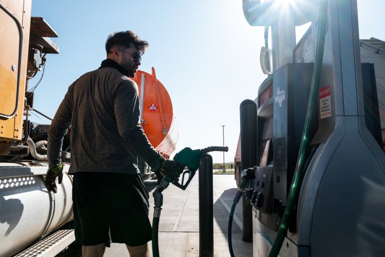 NORTREES, TEXAS - AUGUST 13: A person prepares to refuel their semi-truck on August 13, 2026 in Nortrees, Texas. Diesel prices continue to climb as several international conflicts across several regions disrupt the global fuel supply chain. Tensions involving Iran have severely disrupted shipping through the Strait of Hormuz, while Ukrainian attacks of Russian refineries have further strained fuel exports from the region.