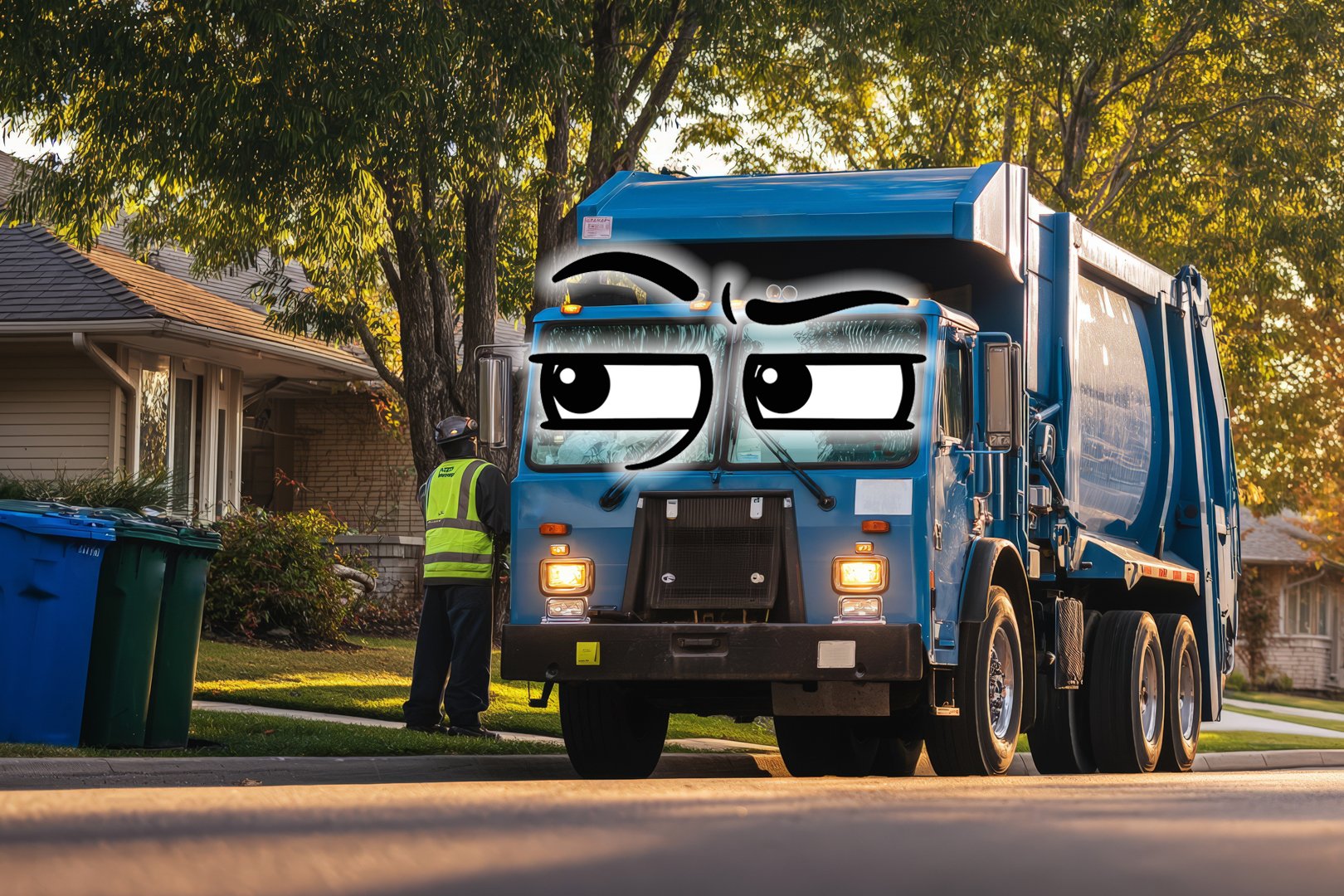 A very suspicious trash truck.