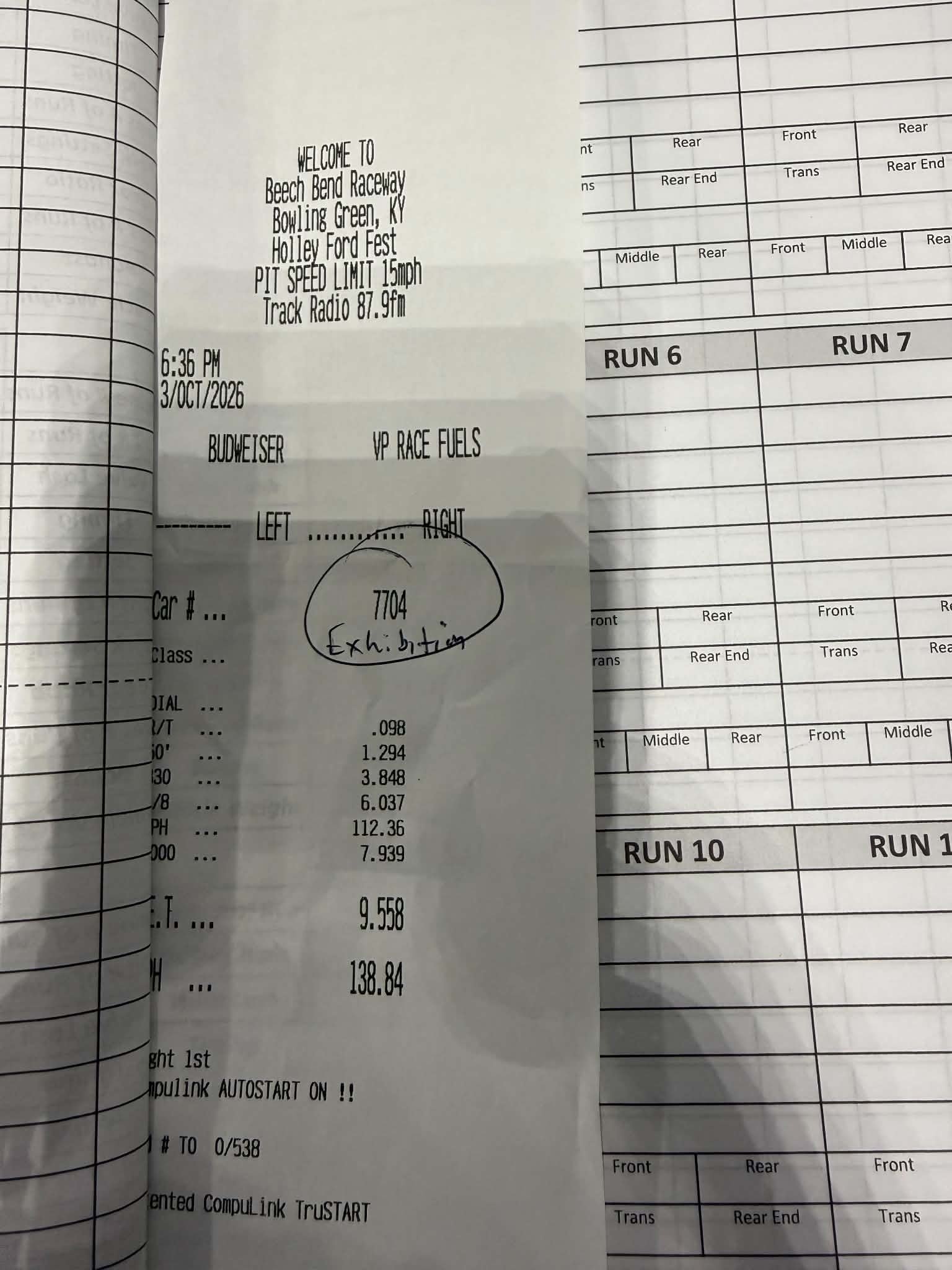 Drag racing slip showing 9.558-second quarter-mile pass at 138.84 miles per hour