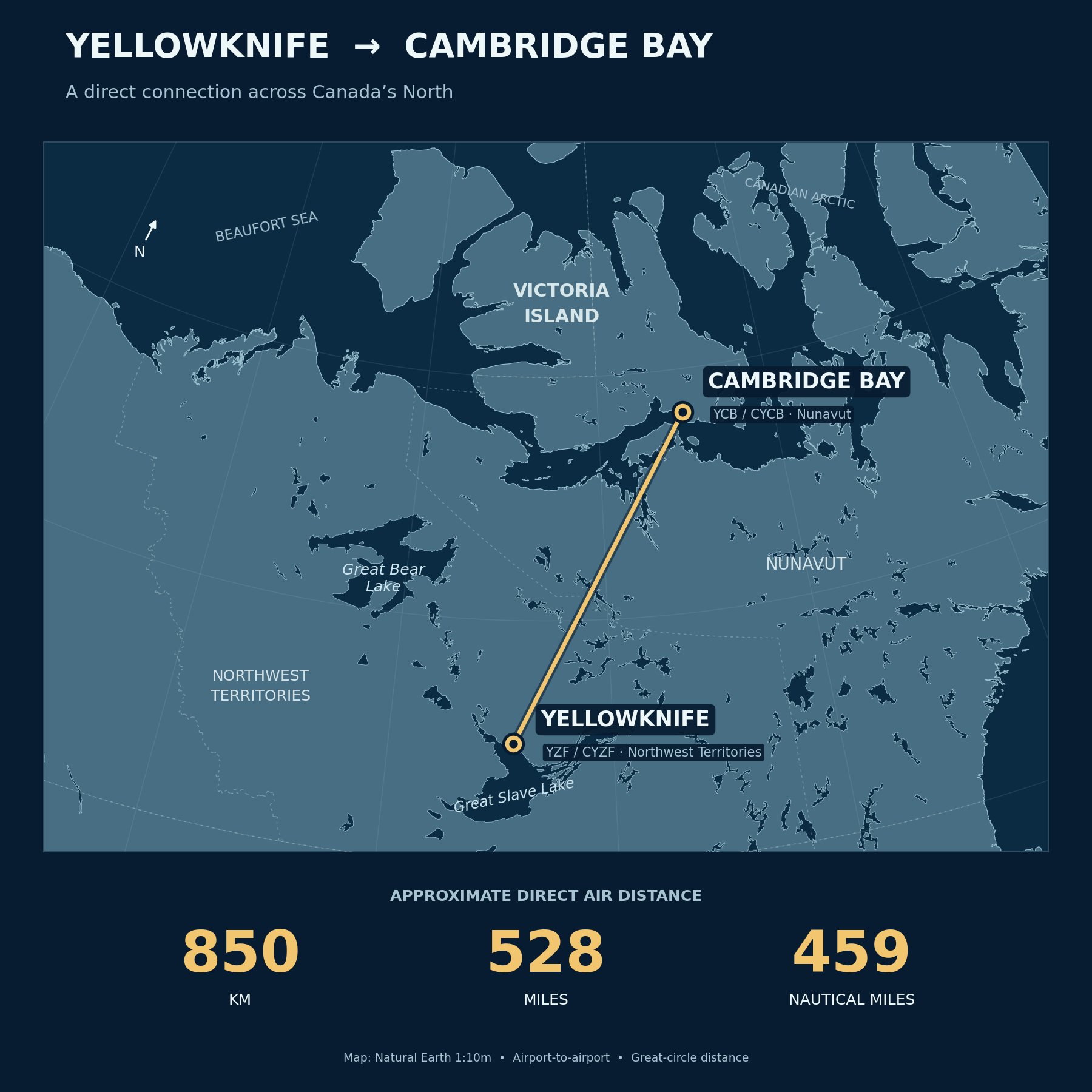 Map showing flight path from Yellowknife to Cambridge Bay