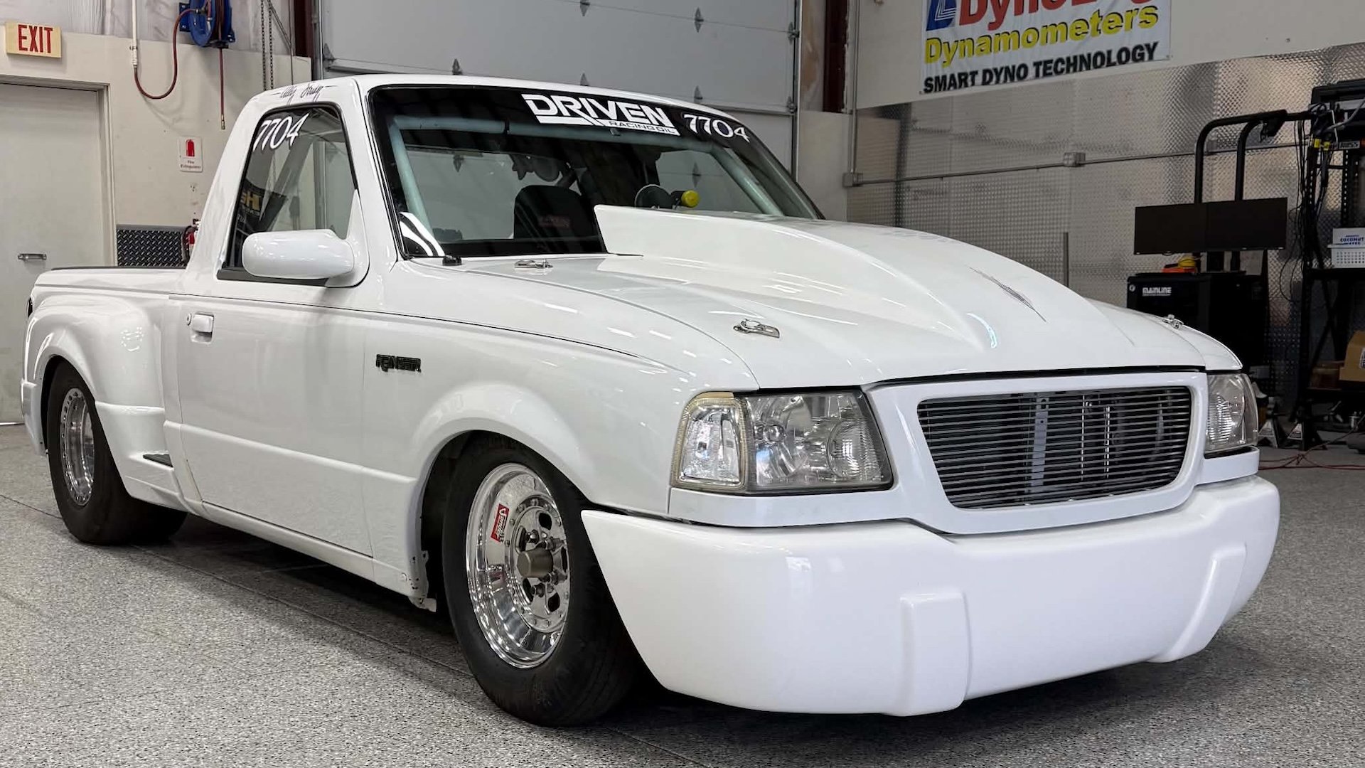 511-cubic-inch Godzilla V8-powered Ford Ranger parked in a shop