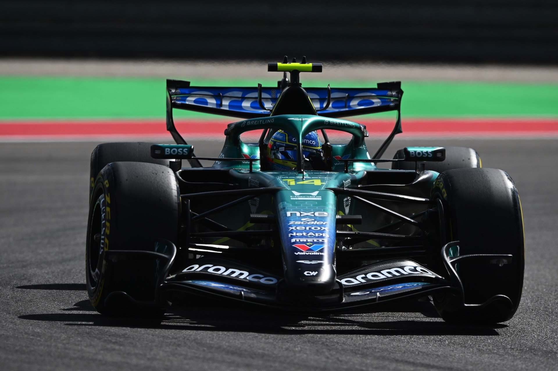AUSTIN, TEXAS - OCTOBER 24: Fernando Alonso of Spain driving the (14) Aston Martin F1 Team AMR26 Honda on track during final practice ahead of the F1 Grand Prix