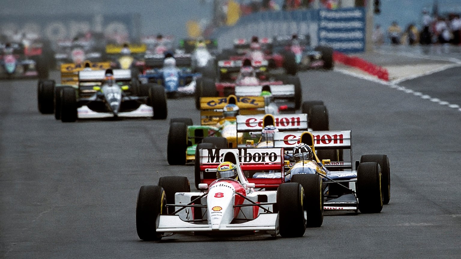 Ayrton Senna, Damon Hill, McLaren- Ford MP4/8, Williams-Renault FW15C, Grand Prix of South-Africa, Kyalami, 14 March 1993. (Photo by Paul-Henri Cahier/Getty Ima