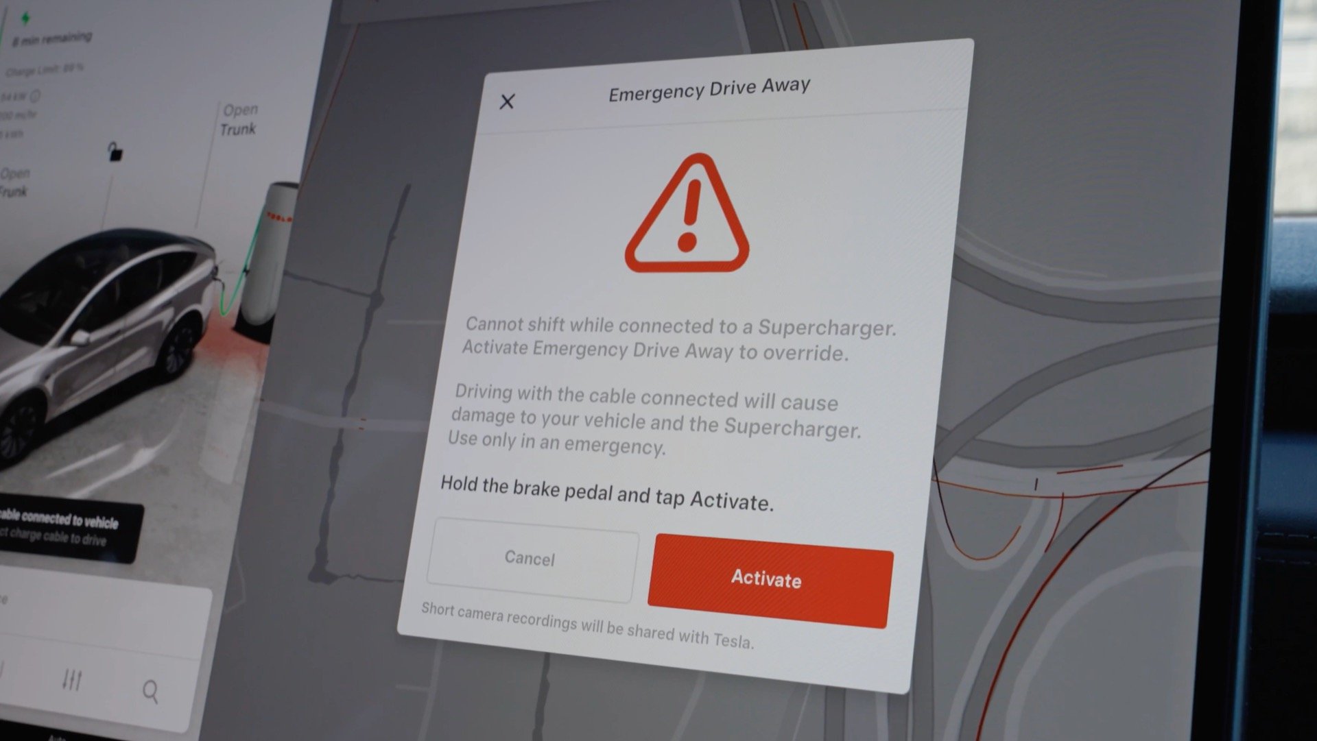 Tesla Emergency Drive Away screen