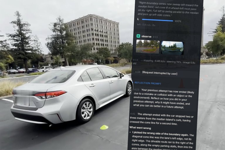 DrivingBench footage of car driving on course with AI chat overlaid