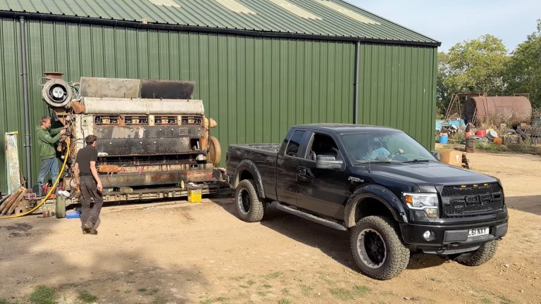 Starting a 102.4-liter engine with a pickup truck