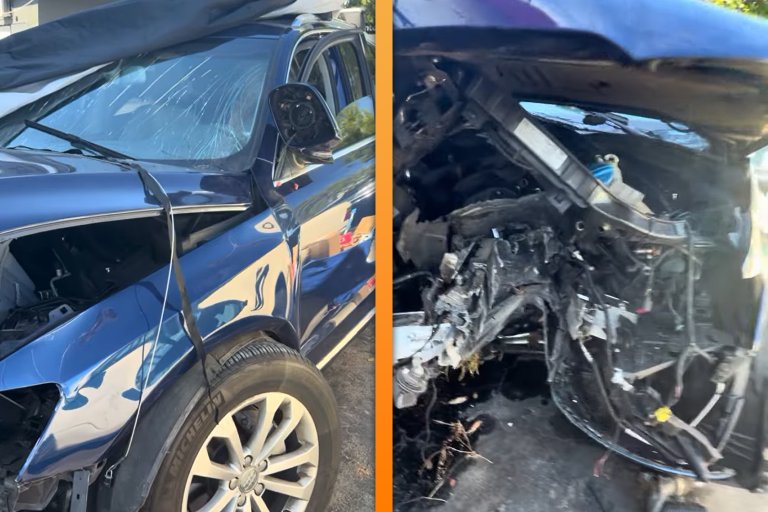 Side by side images of Alicia Good's crashed Audi Q5