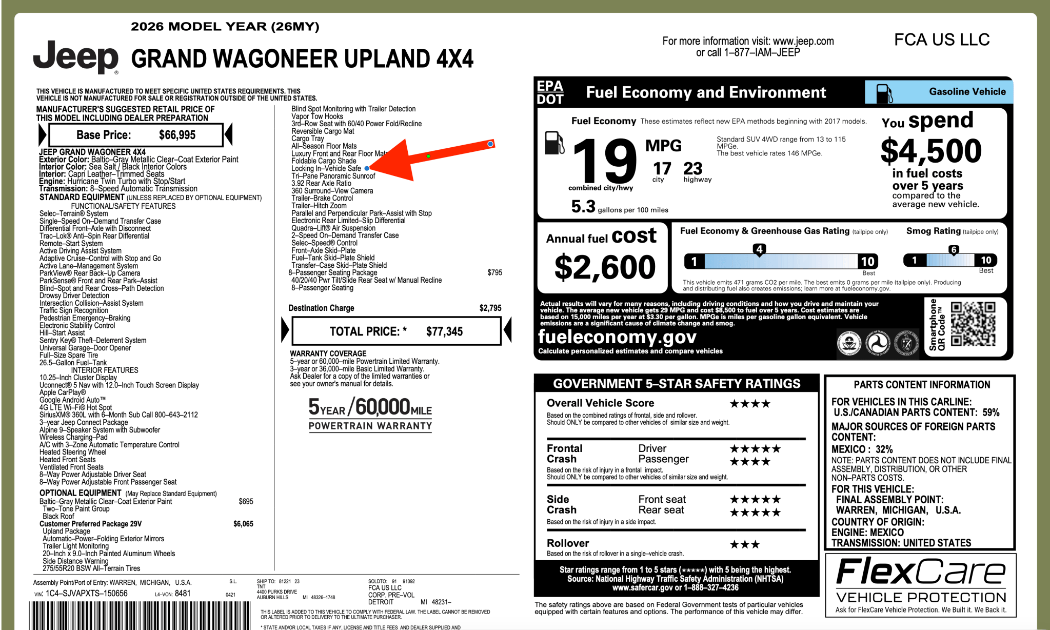 2026 Jeep Grand Wagoneer Window Sticker With In-Vehicle Safe