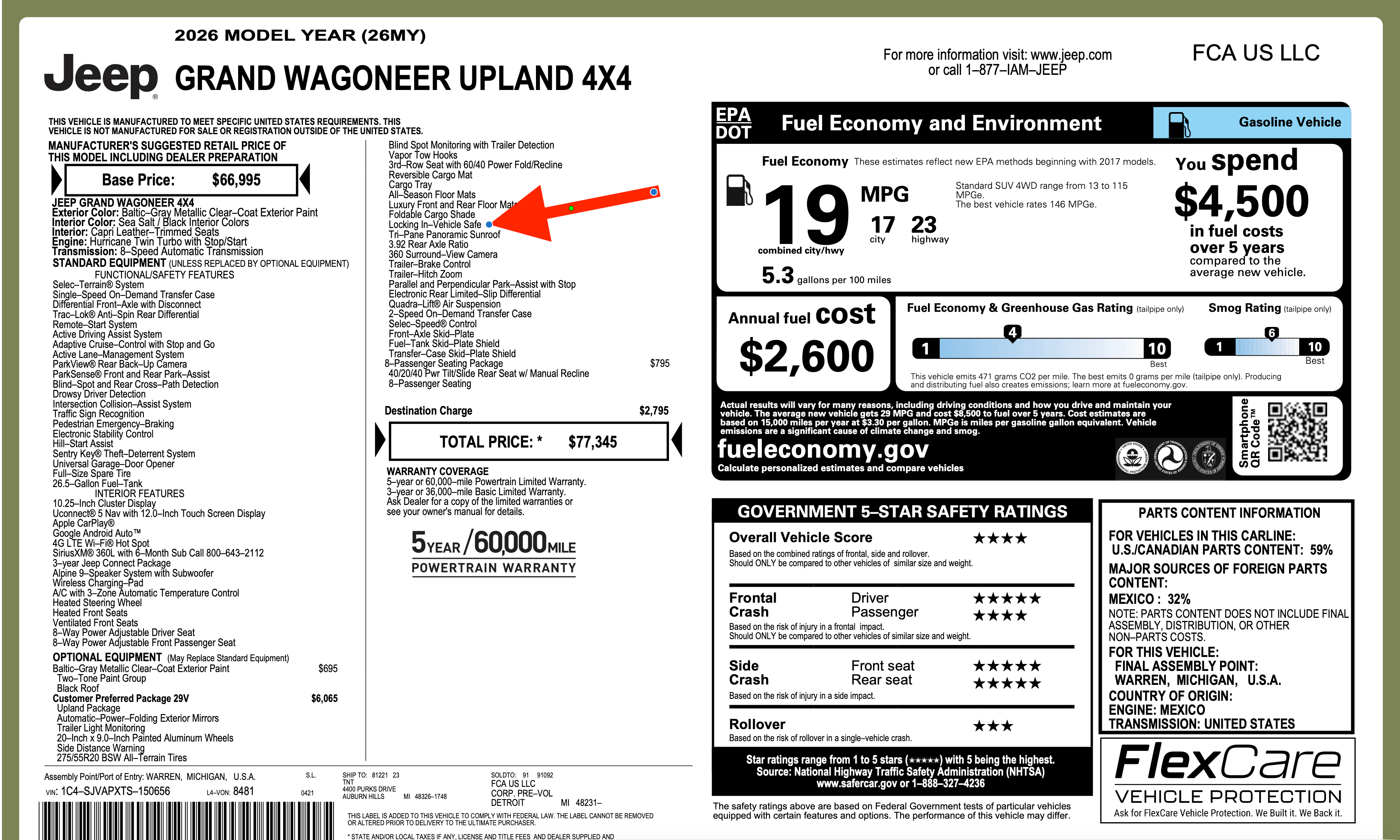 2026 Jeep Grand Wagoneer Window Sticker With In-Vehicle Safe