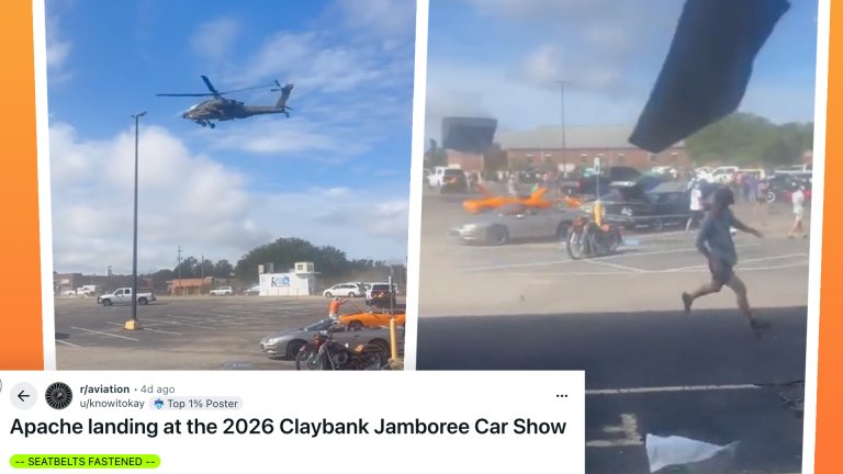 Army helicopter landing at car show.