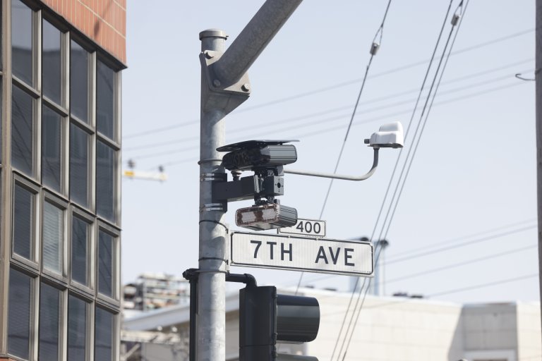 A speed safety camera is seen on a pole along Geary at 7th Avenue on Thursday, March 20, 2025 in San Francisco.