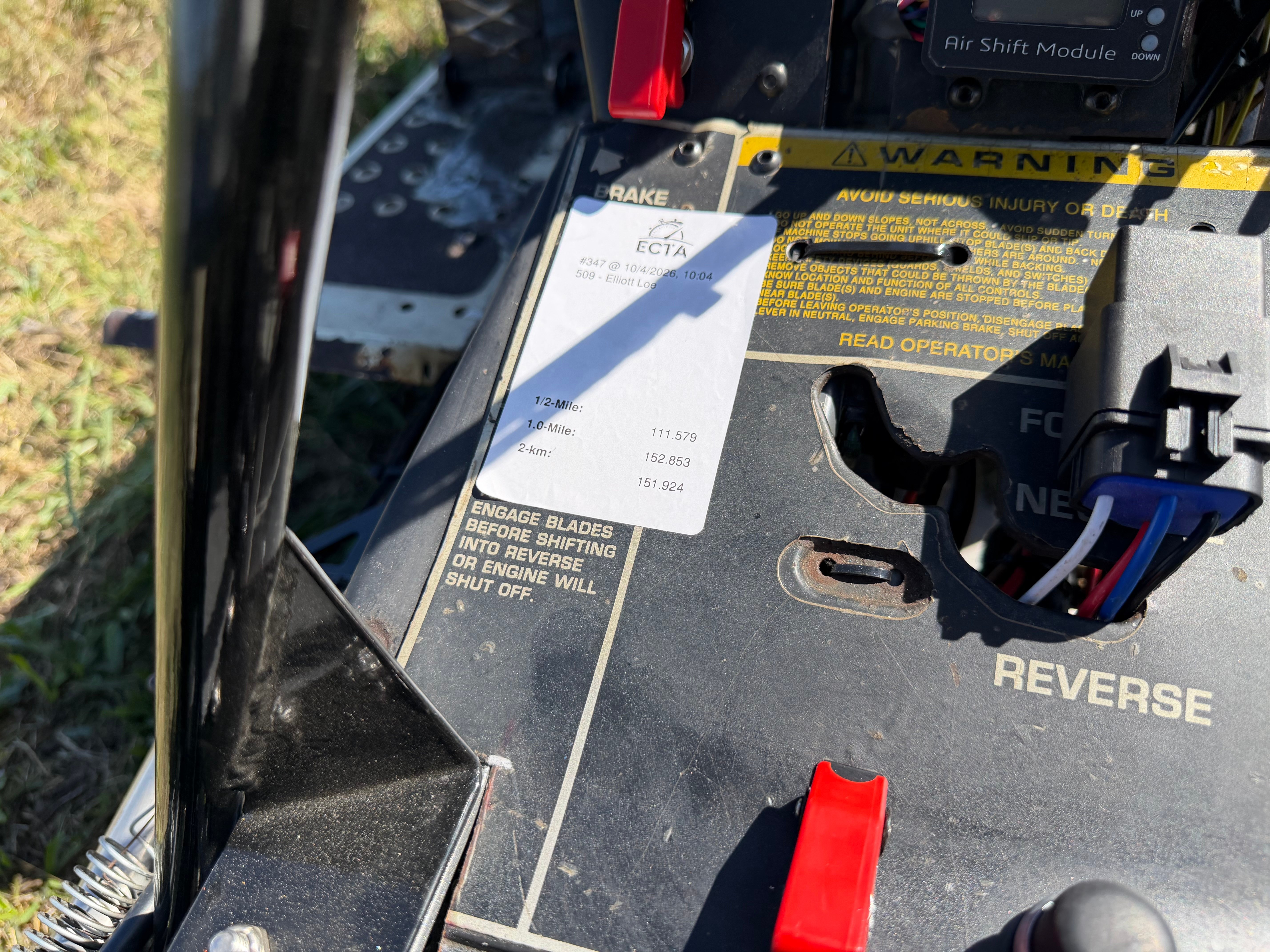 Time slip confirming the mower's 152.8-mph run