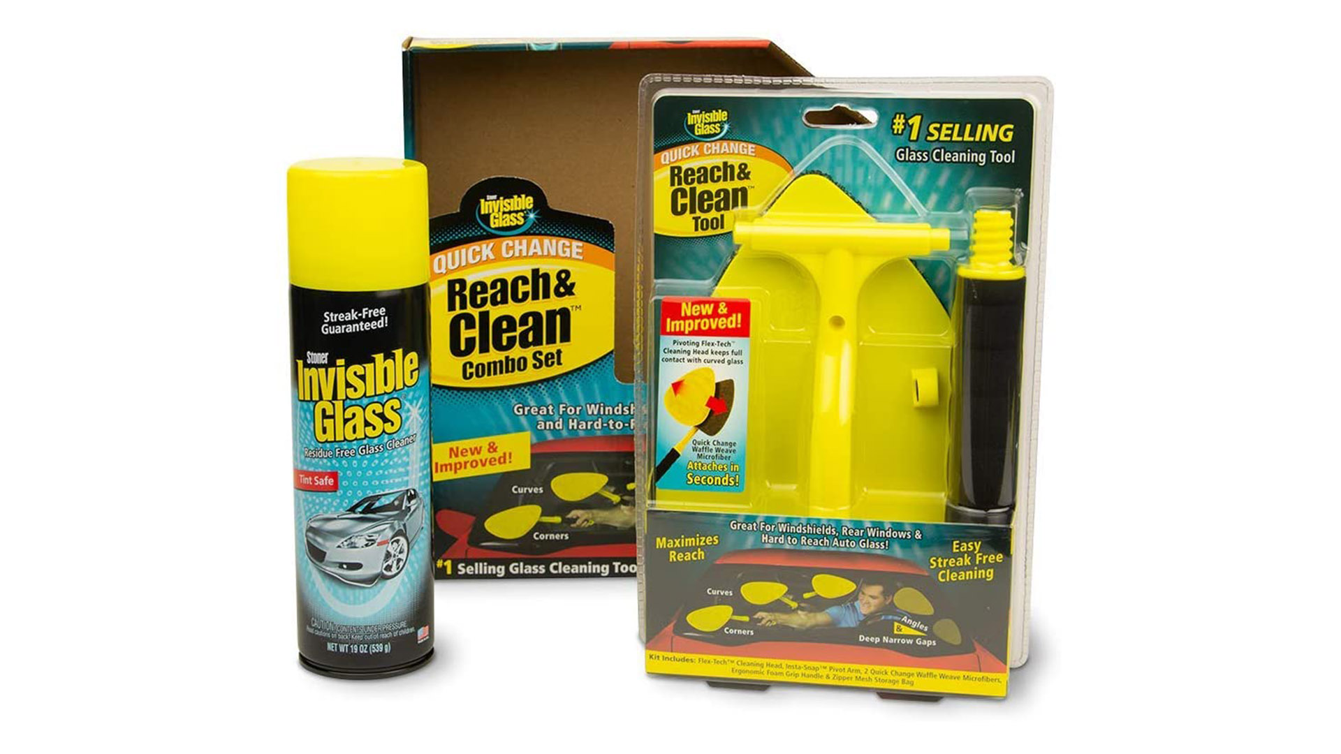 A can of Invisible Glass and a windshield cleaner on a white background.