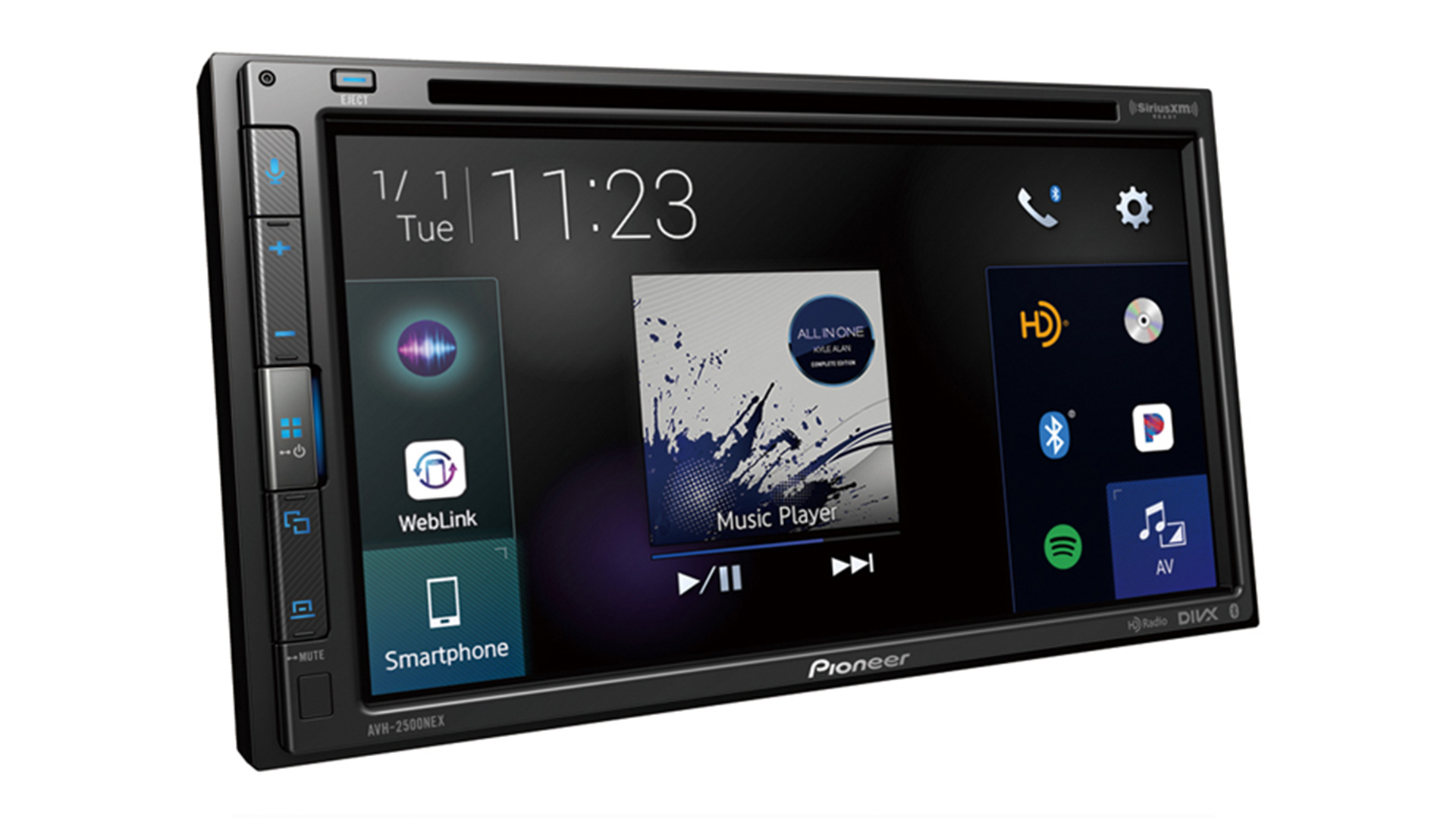 A double-din stereo against a white background.