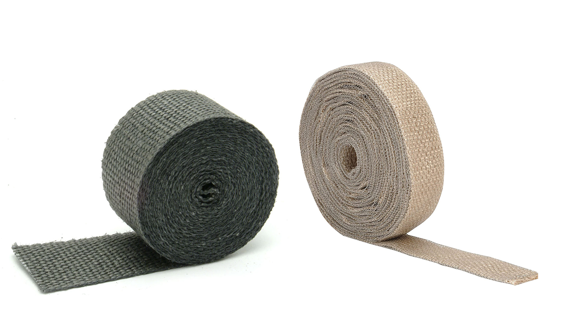 Two types of motorcycle exhaust wrap on a white backdrop.