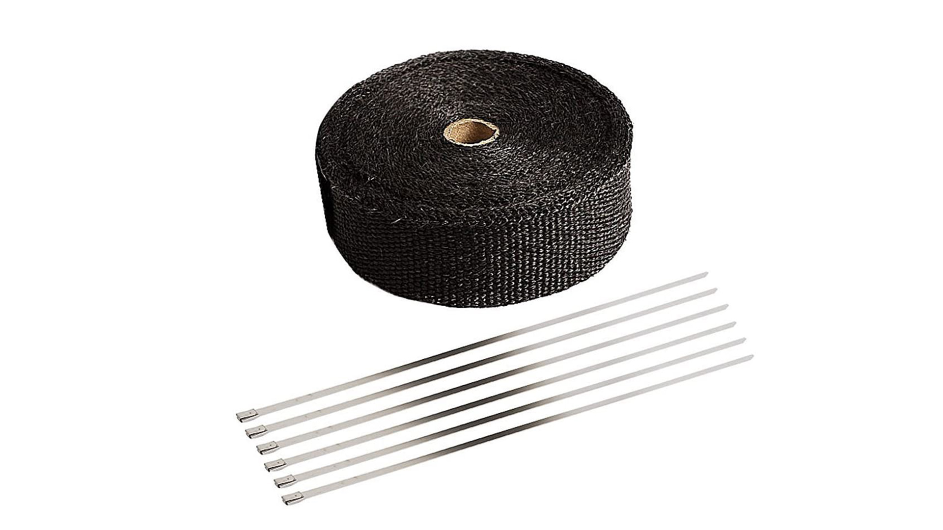 Black motorcycle exhaust wrap next to metal ties on a white backdrop.