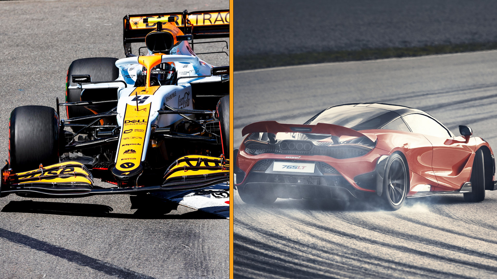 A McLaren 765LT and the McLaren Racing MCL35M.