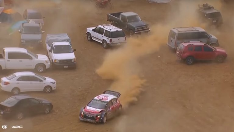 Watch Kris Meeke’s WRC Rally Car Fly Off-Course Into a Parking Lot…and Still Win