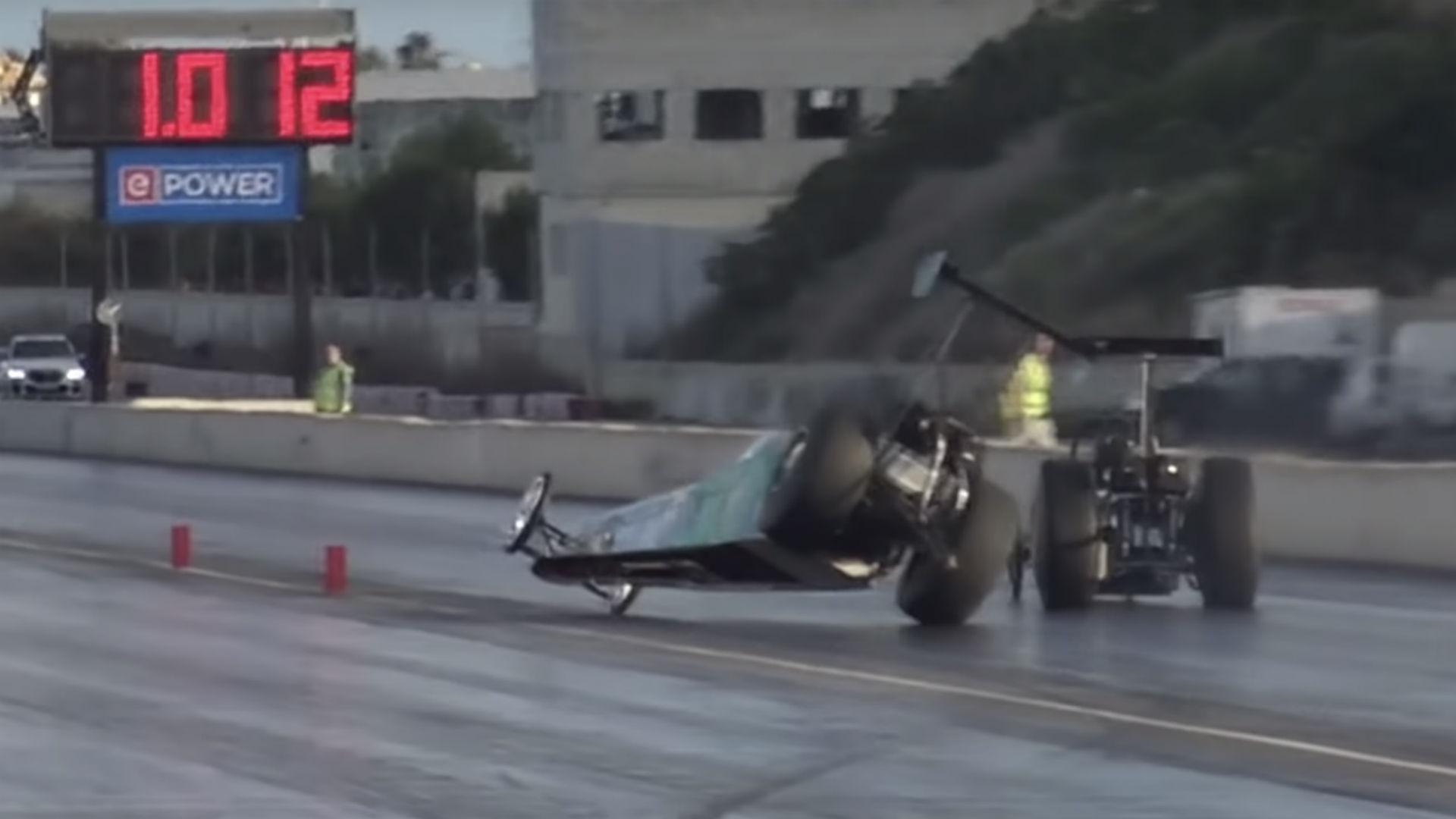 Drag Racing Wheelie Rear Shot Wheelie-Popping Dragster Nearly Collides With Other Car, Pulls off ...