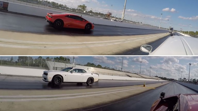 This 800-HP Challenger Hellcat-Vs.-Lamborghini Huracan Drag Race Is Insanely Close