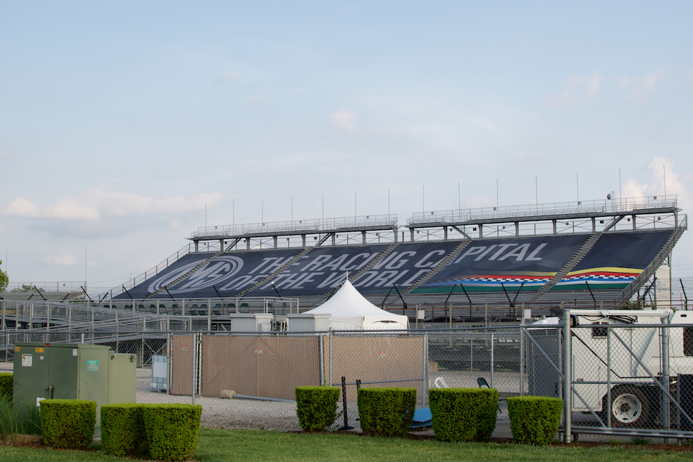 Grandstand banners prior to being removed for the big race.