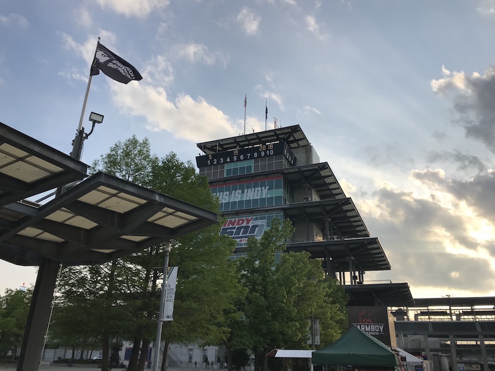 The IMS Pagoda against the Indiana sunset.